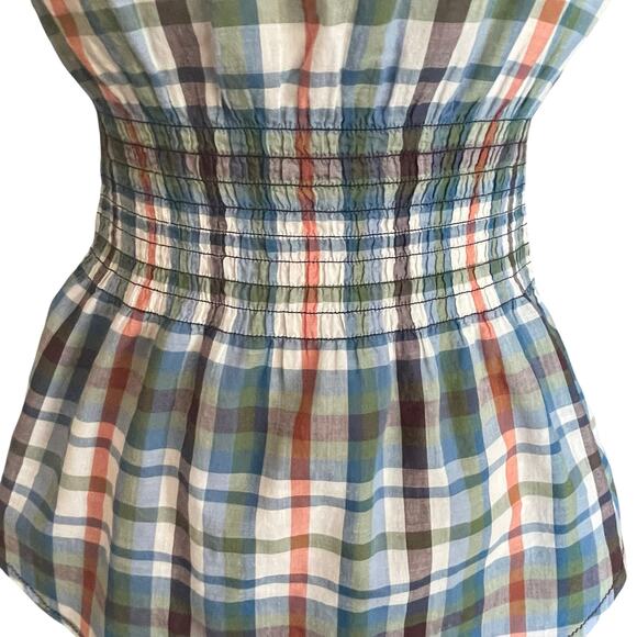 BKE Blue Rust Plaid Button Down Shirt MED Sequins Smocked Back Roll Tab Sleeves - Picture 4 of 10